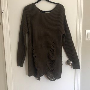 Elan Olive Green Distressed Oversized Sweater
